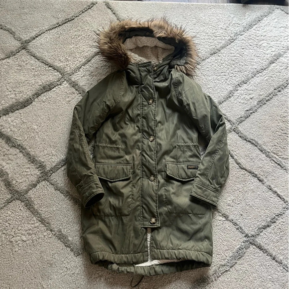 Abercrombie and Fitch green parka jacket fleece lined coat fur hood longer XS - Picture 1 of 10